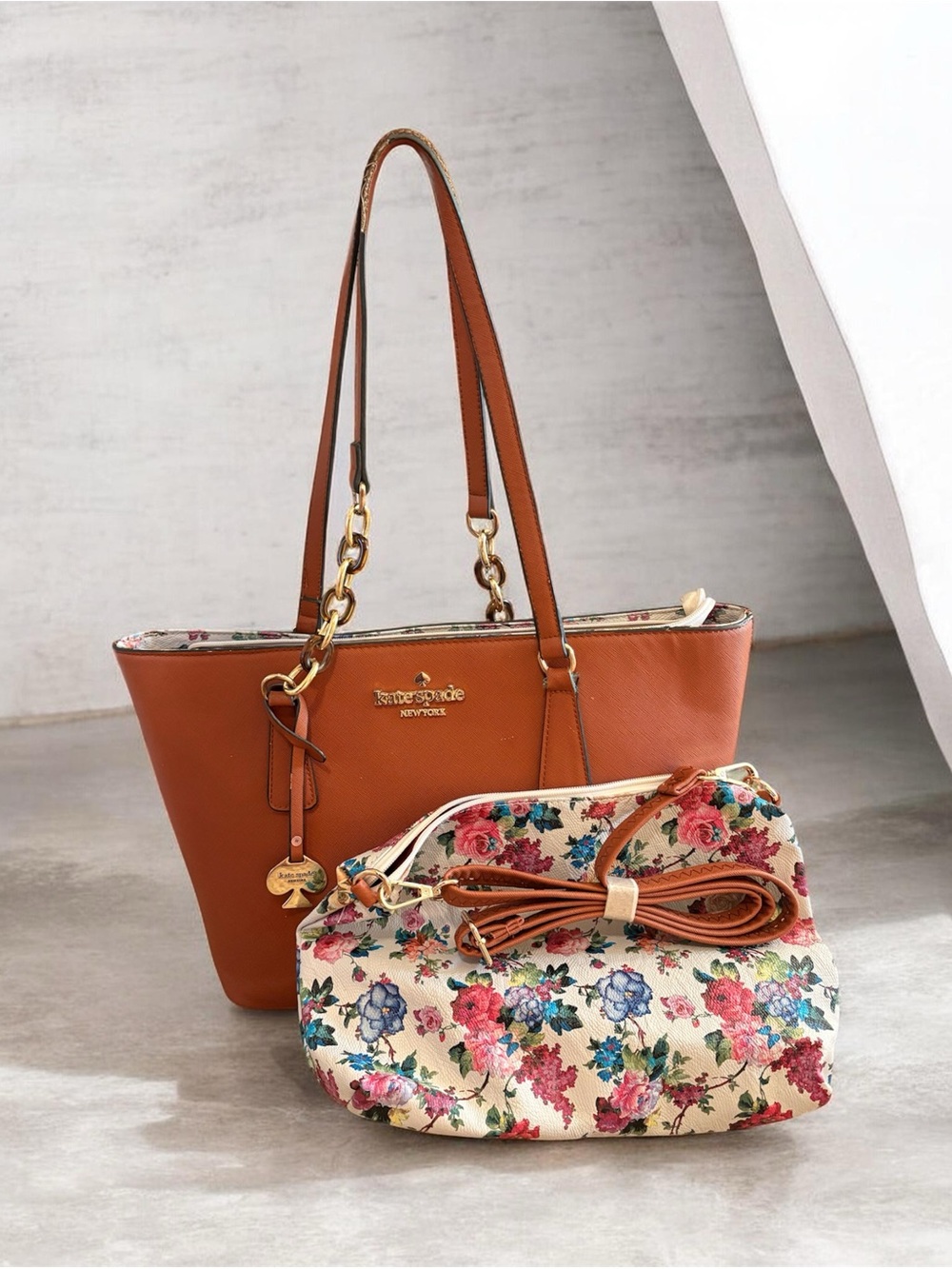 kate spade Brown Leather Tote with Floral Pouch